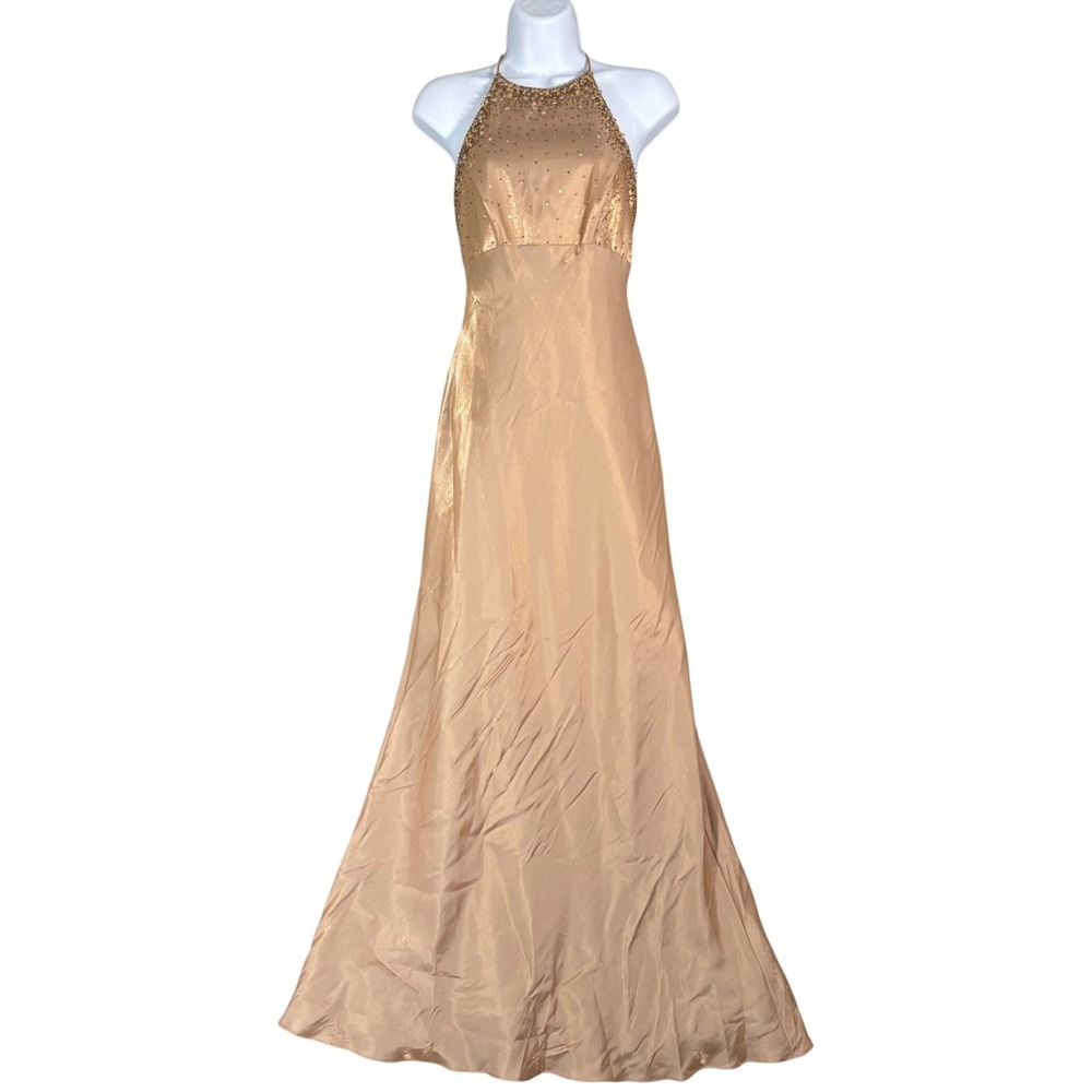 Niki by Niki Livas Gold Beaded Halter Neck Lace Up Back Evening Gown Dress Fit S